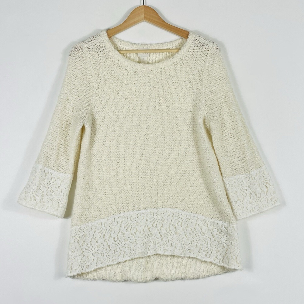 Chico's Sweater‎ Women 1 Medium Ivory Chunky Lace Trim Cottage Coastal 3/4 Slv